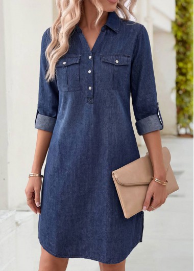 Patch Pocket Denim Blue Short Long Sleeve Dress Patch Pocket Denim Blue Short Long Sleeve Dress