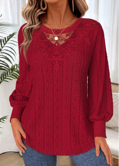 Lace Up Deep Red Long Sleeve T Shirt
