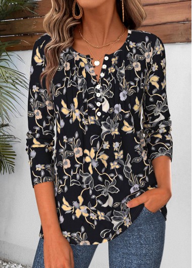 Floral Print Tuck Stitch Black Long Sleeve T Shirt