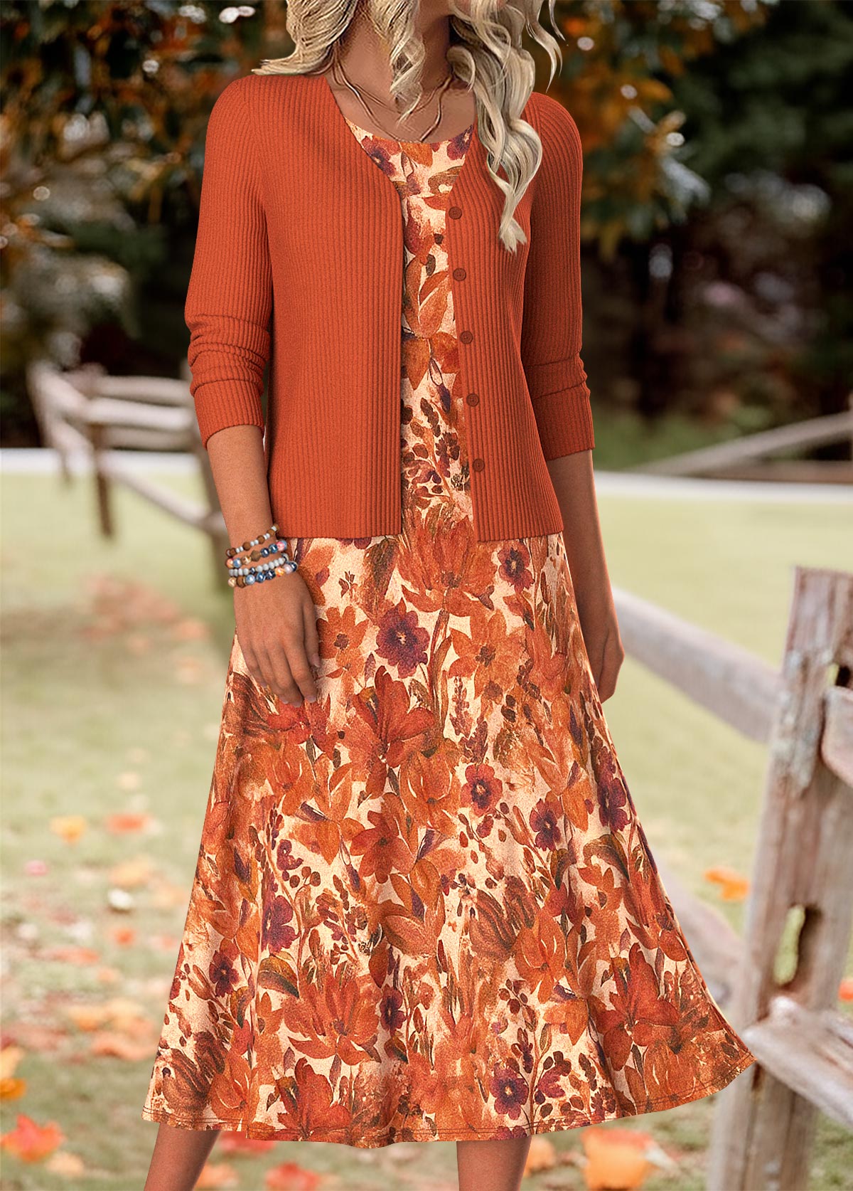 Random Floral Print Tummy Coverage Orange Dress and Cardigan