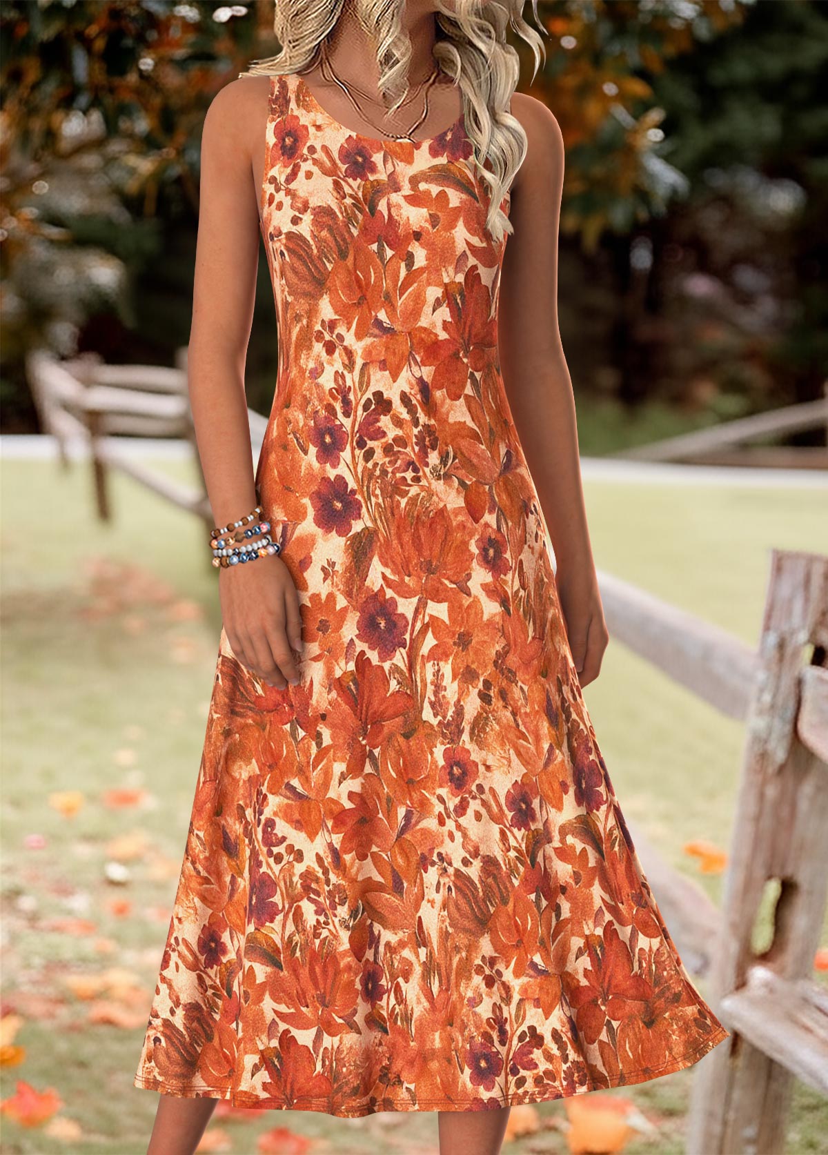 Random Floral Print Tummy Coverage Orange Dress and Cardigan