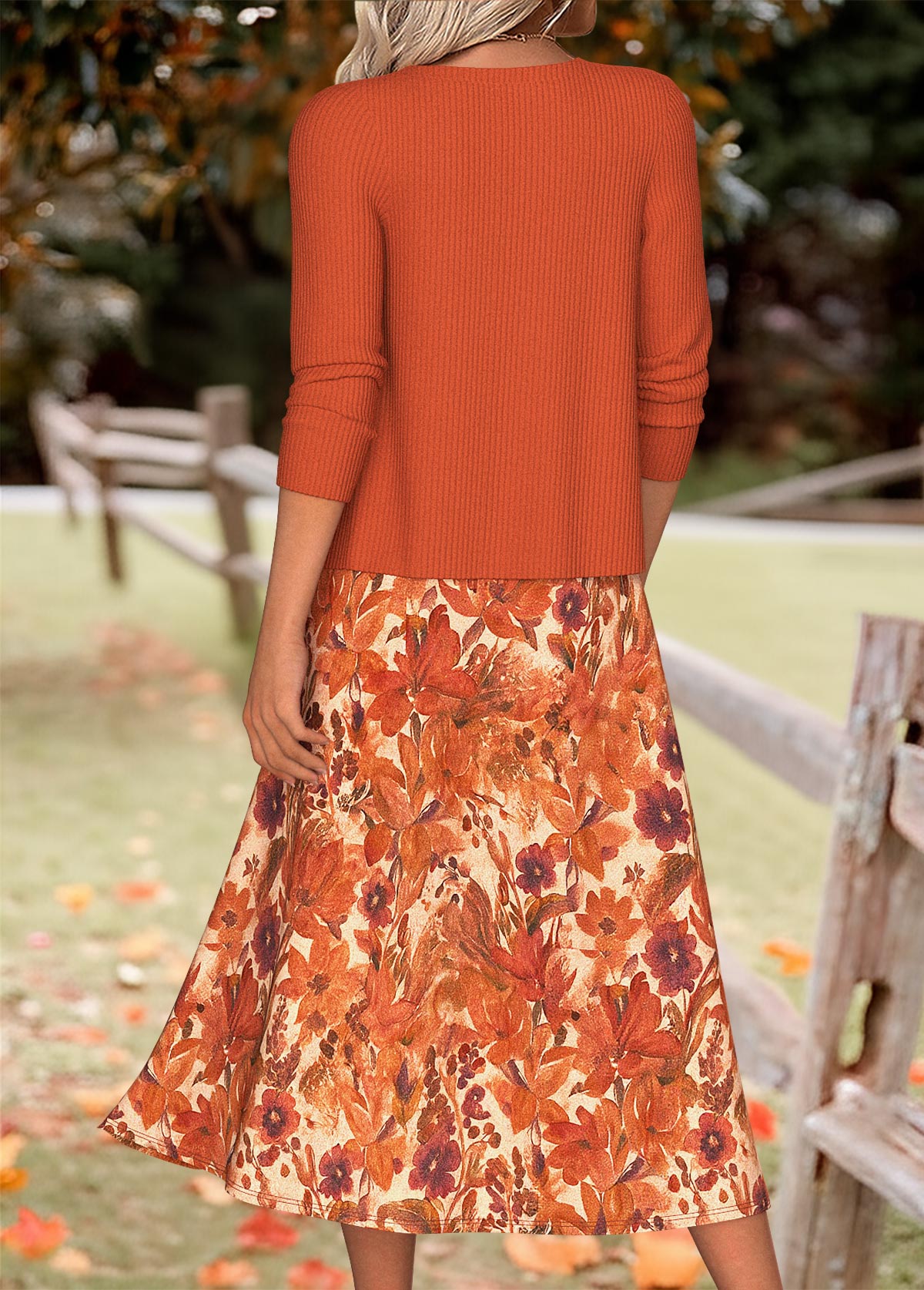 Random Floral Print Tummy Coverage Orange Dress and Cardigan