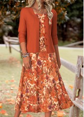 Random Floral Print Tummy Coverage Orange Dress and Cardigan