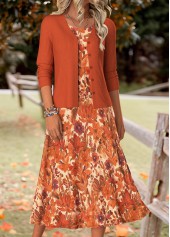 Random Floral Print Tummy Coverage Orange Dress and Cardigan