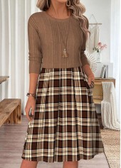 Plaid Patchwork Light Coffee Long Sleeve Round Neck Dress