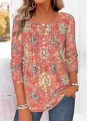 Tribal Print Tuck Stitch Red Long Sleeve T Shirt
