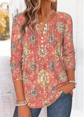 Tribal Print Tuck Stitch Red Long Sleeve T Shirt