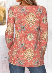 Tribal Print Tuck Stitch Red Long Sleeve T Shirt