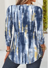 Geometric Print Blue Long Sleeve Fake Two Piece Twinset