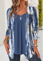 Geometric Print Blue Long Sleeve Fake Two Piece Twinset