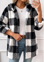 Plaid Tummy Coverage Black Long Sleeve Hooded Coat