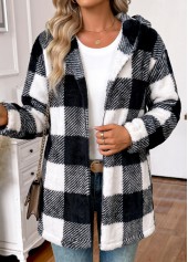 Plaid Tummy Coverage Black Long Sleeve Hooded Coat