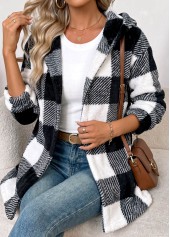 Plaid Tummy Coverage Black Long Sleeve Hooded Coat
