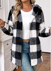 Plaid Tummy Coverage Black Long Sleeve Hooded Coat