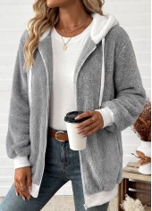 Lace Up Light Grey Long Sleeve Hooded Coat