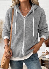 Lace Up Light Grey Long Sleeve Hooded Coat