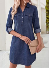 Patch Pocket Denim Blue Short Long Sleeve Dress
