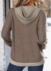 Kangaroo Pocket Dark Camel Long Sleeve Split Neck Hoodie