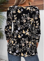 Floral Print Tuck Stitch Black Long Sleeve T Shirt