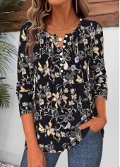 Floral Print Tuck Stitch Black Long Sleeve T Shirt