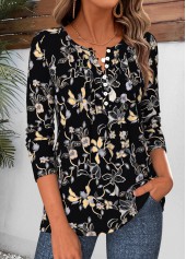Floral Print Tuck Stitch Black Long Sleeve T Shirt